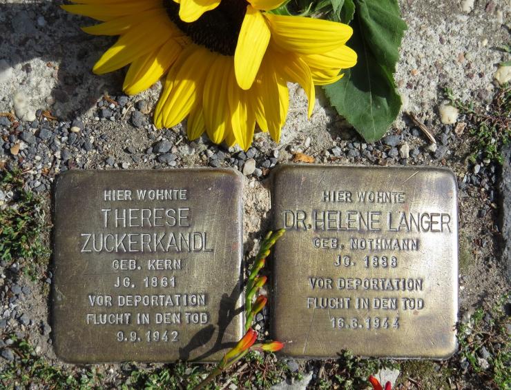 zwei Metallplatten mit Inschrift im Boden inmitten von Pflastersteinen eingelassen, daneben eine Sonnenblume