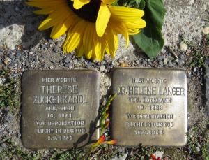 zwei Metallplatten mit Inschrift im Boden inmitten von Pflastersteinen eingelassen, daneben eine Sonnenblume