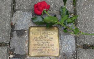 Stolperstein mit roter Rose