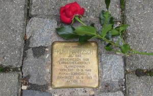 Stolperstein mit roter Rose