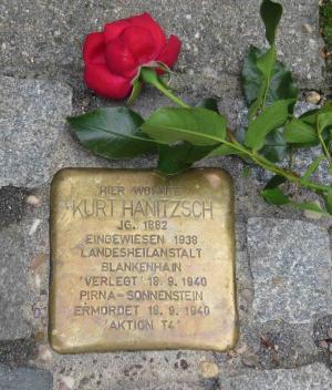 Stolperstein mit roter Rose