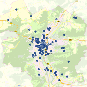 Stadtkarte von Jena, in der viele blaue Punkte eingezeichnet sind