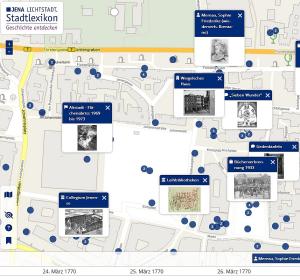 Ausschnitt aus dem Jenaer Stadtplan mit Punkiten zur Stadtgeschichte